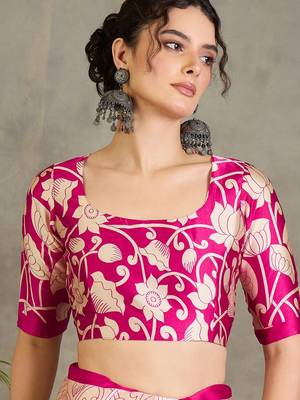 Pink color ready pleated semi modal saree with unstitched designer blouse 5