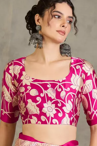Pink color ready pleated semi modal saree with unstitched designer blouse