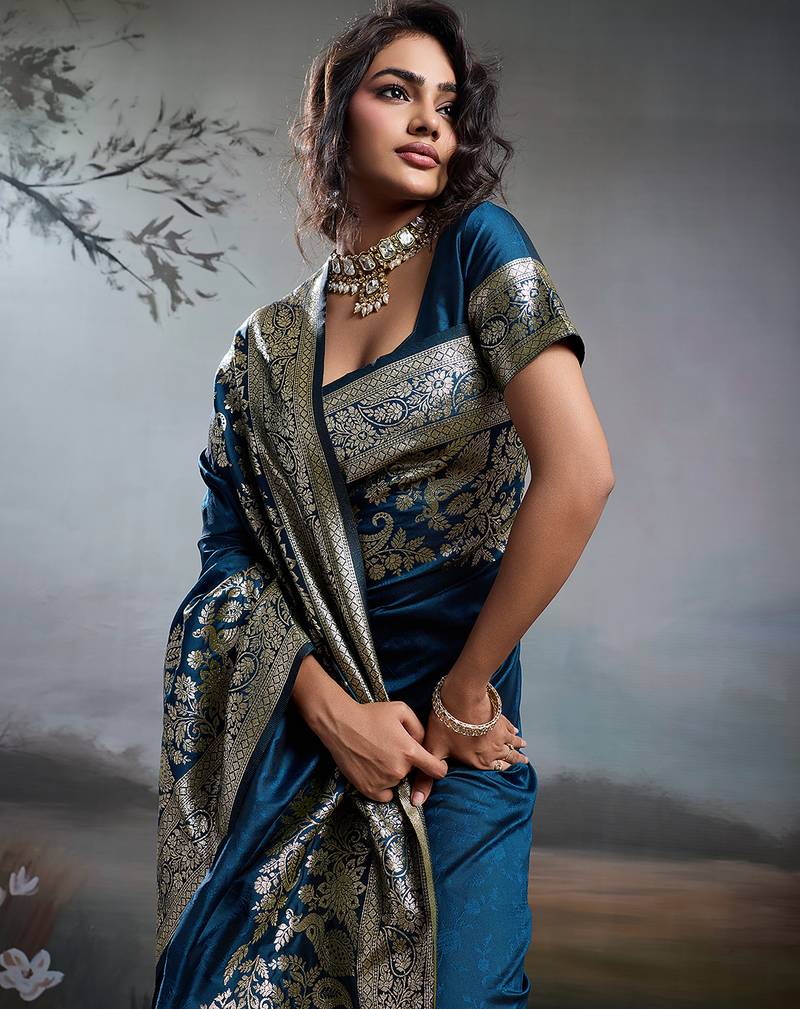 Blue colour silk blend saree with rich gold zari work