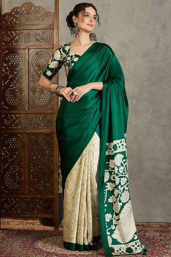 Green color ready pleated semi modal saree with unstitched designer blouse