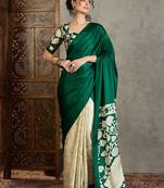 Green color ready pleated semi modal saree with unstitched designer blouse