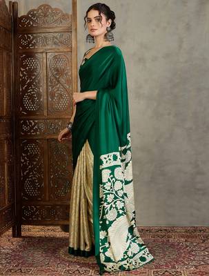 Green color ready pleated semi modal saree with unstitched designer blouse 2