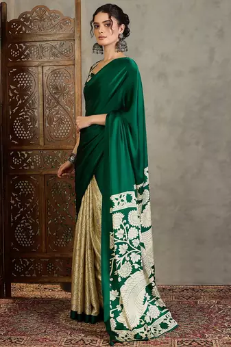 Green color ready pleated semi modal saree with unstitched designer blouse