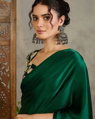 Green color ready pleated semi modal saree with unstitched designer blouse 3