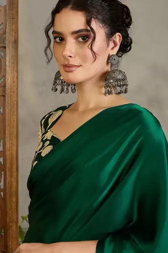 Green color ready pleated semi modal saree with unstitched designer blouse