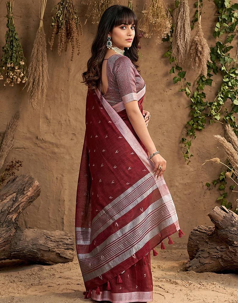 Maroon colour linen cotton saree with matching blouse piece