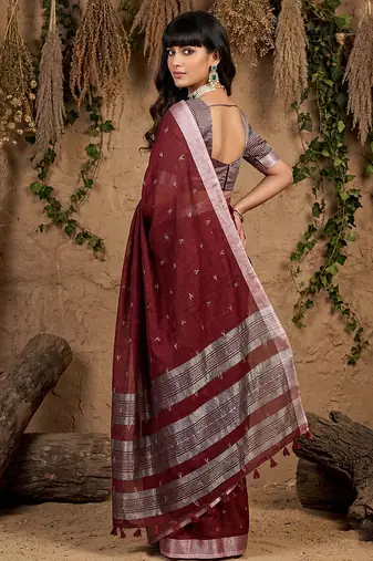 Maroon colour linen cotton saree with matching blouse piece