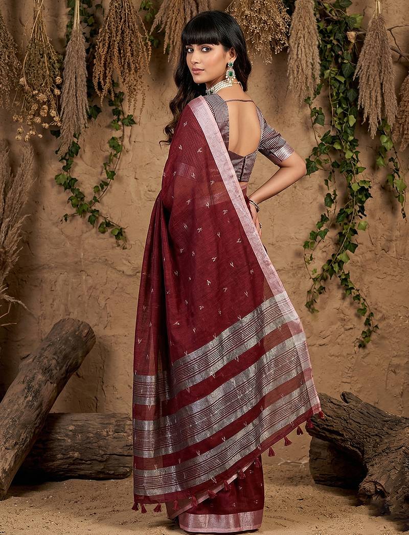 Maroon colour linen cotton saree with matching blouse piece