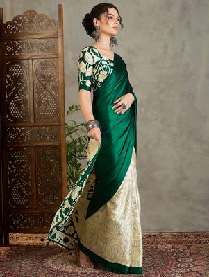 Green color ready pleated semi modal saree with unstitched designer blouse 4