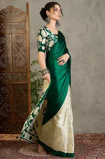 Green color ready pleated semi modal saree with unstitched designer blouse