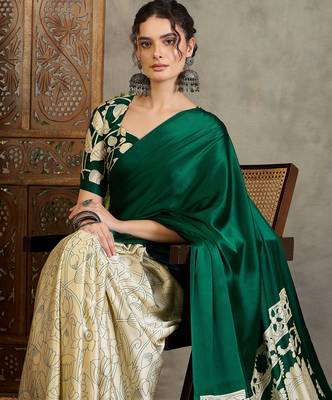Green color ready pleated semi modal saree with unstitched designer blouse 5