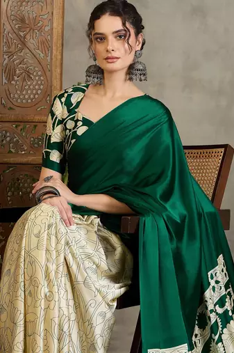 Green color ready pleated semi modal saree with unstitched designer blouse