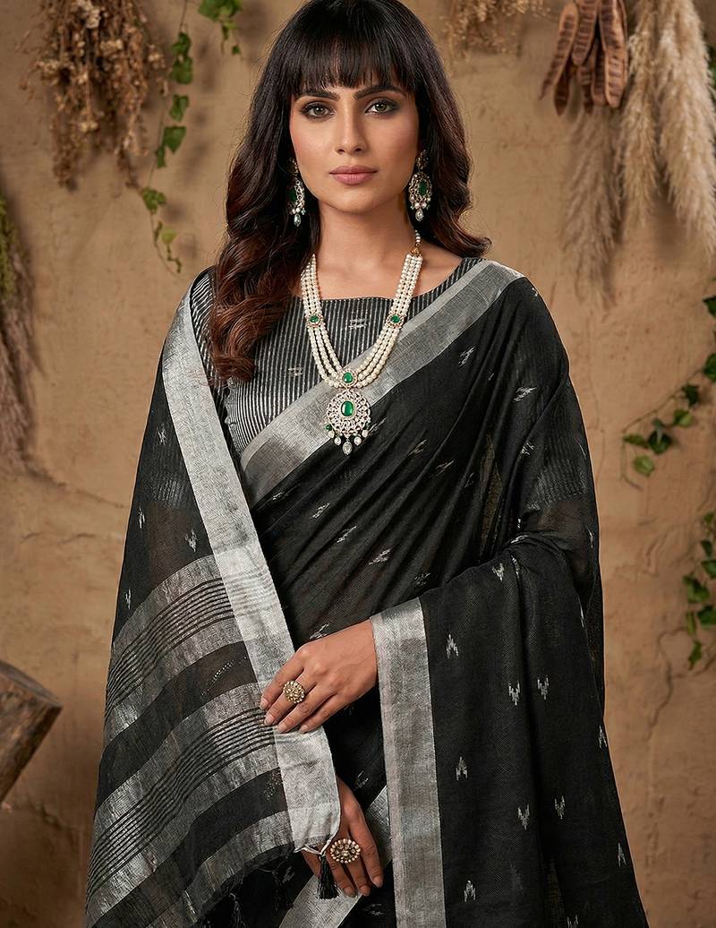Black colour linen cotton saree with matching blouse piece