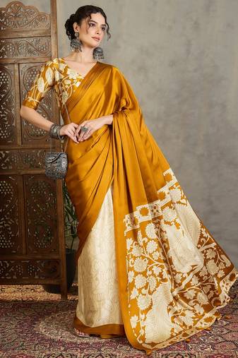 Yellow color ready pleated saree with unstitched designer blouse