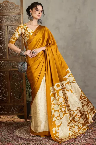 Yellow color ready pleated saree with unstitched designer blouse
