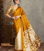 Yellow color ready pleated saree with unstitched designer blouse