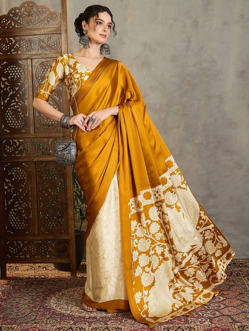 Yellow color ready pleated saree with unstitched designer blouse