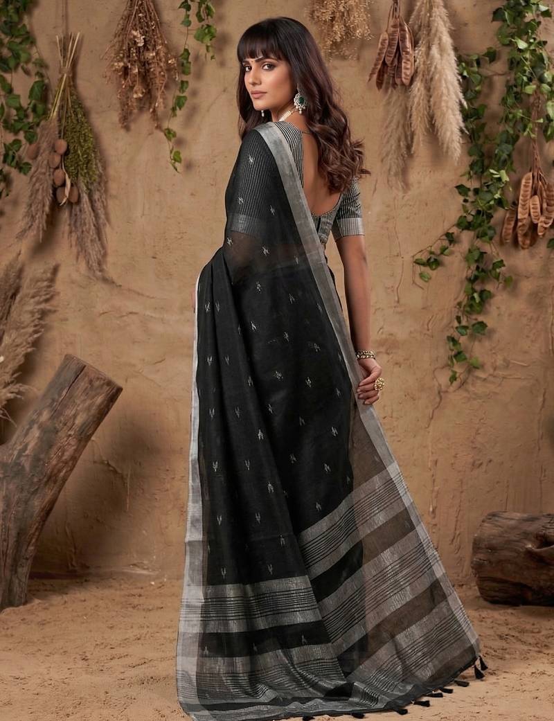 Black colour linen cotton saree with matching blouse piece