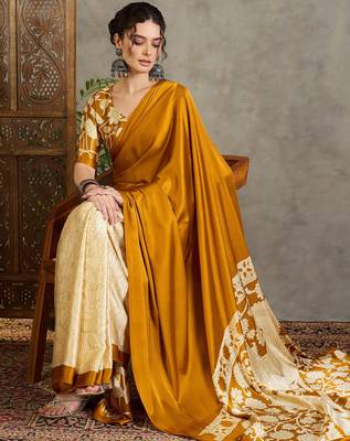 Yellow color ready pleated saree with unstitched designer blouse 2