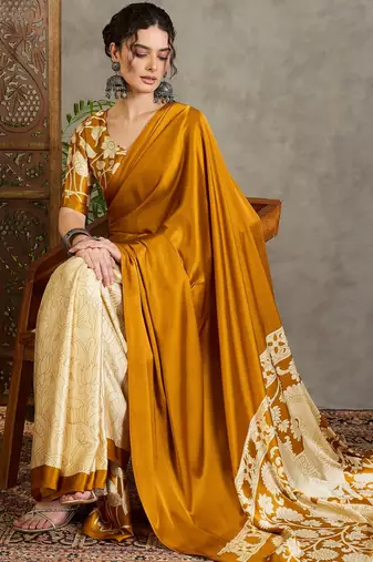Yellow color ready pleated saree with unstitched designer blouse