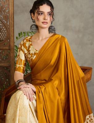 Yellow color ready pleated saree with unstitched designer blouse 3