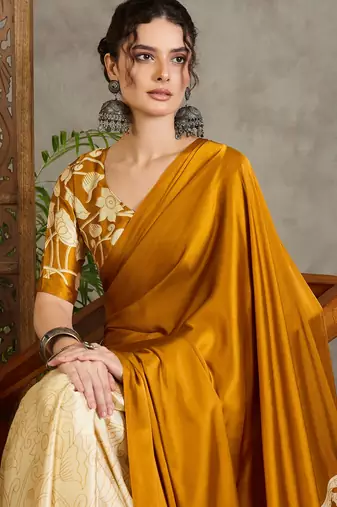 Yellow color ready pleated saree with unstitched designer blouse