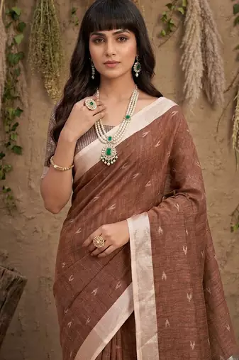 Brown colour linen cotton saree with matching blouse piece