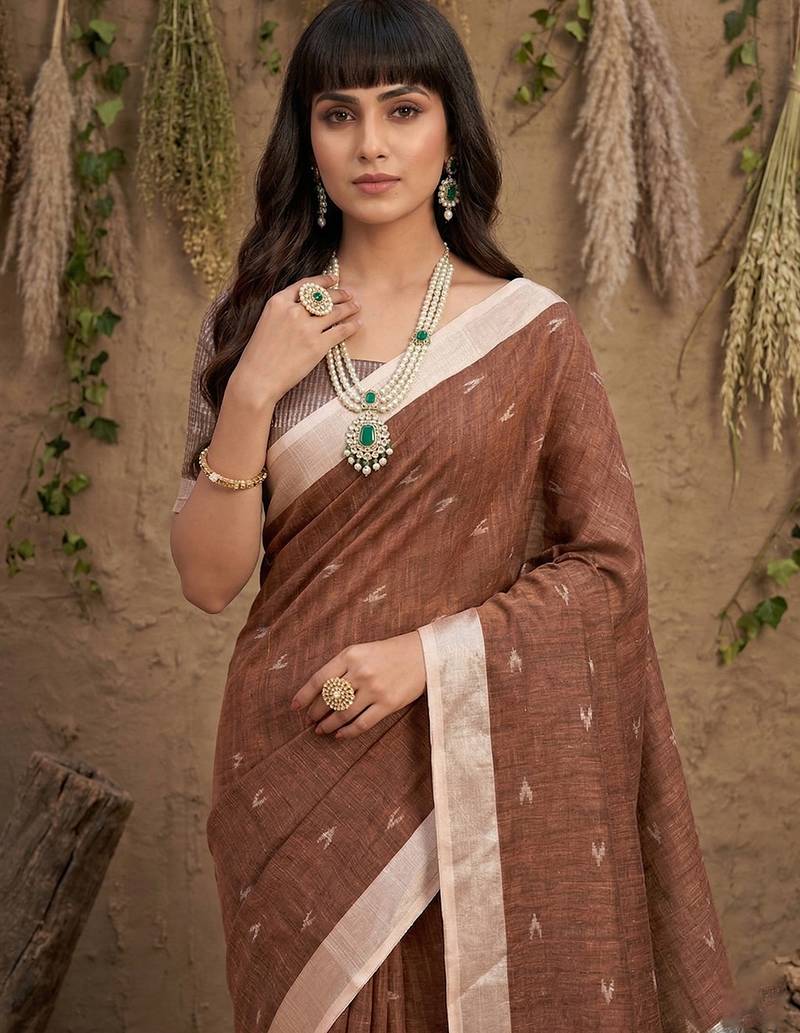Brown colour linen cotton saree with matching blouse piece