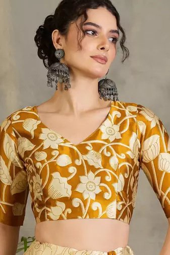 Yellow color ready pleated saree with unstitched designer blouse