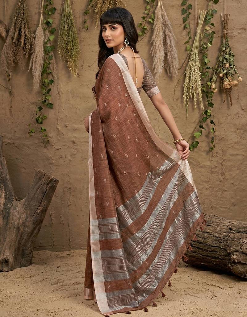 Brown colour linen cotton saree with matching blouse piece