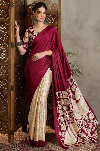 Maroon color ready pleated semi modal saree with unstitched designer blouse