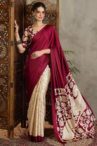Maroon color ready pleated semi modal saree with unstitched designer blouse