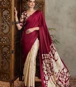 Maroon color ready pleated semi modal saree with unstitched designer blouse