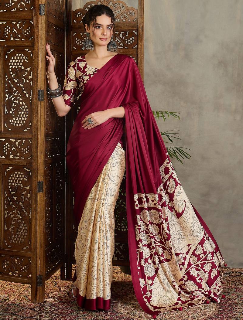Maroon color ready pleated semi modal saree with unstitched designer blouse