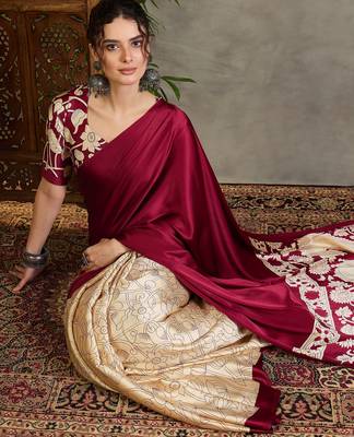 Maroon color ready pleated semi modal saree with unstitched designer blouse 2