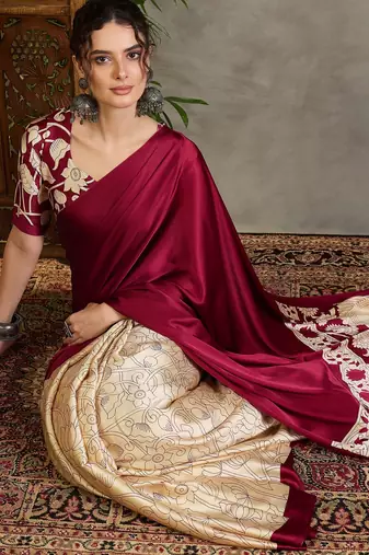 Maroon color ready pleated semi modal saree with unstitched designer blouse