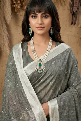 Grey colour linen cotton saree with matching blouse piece