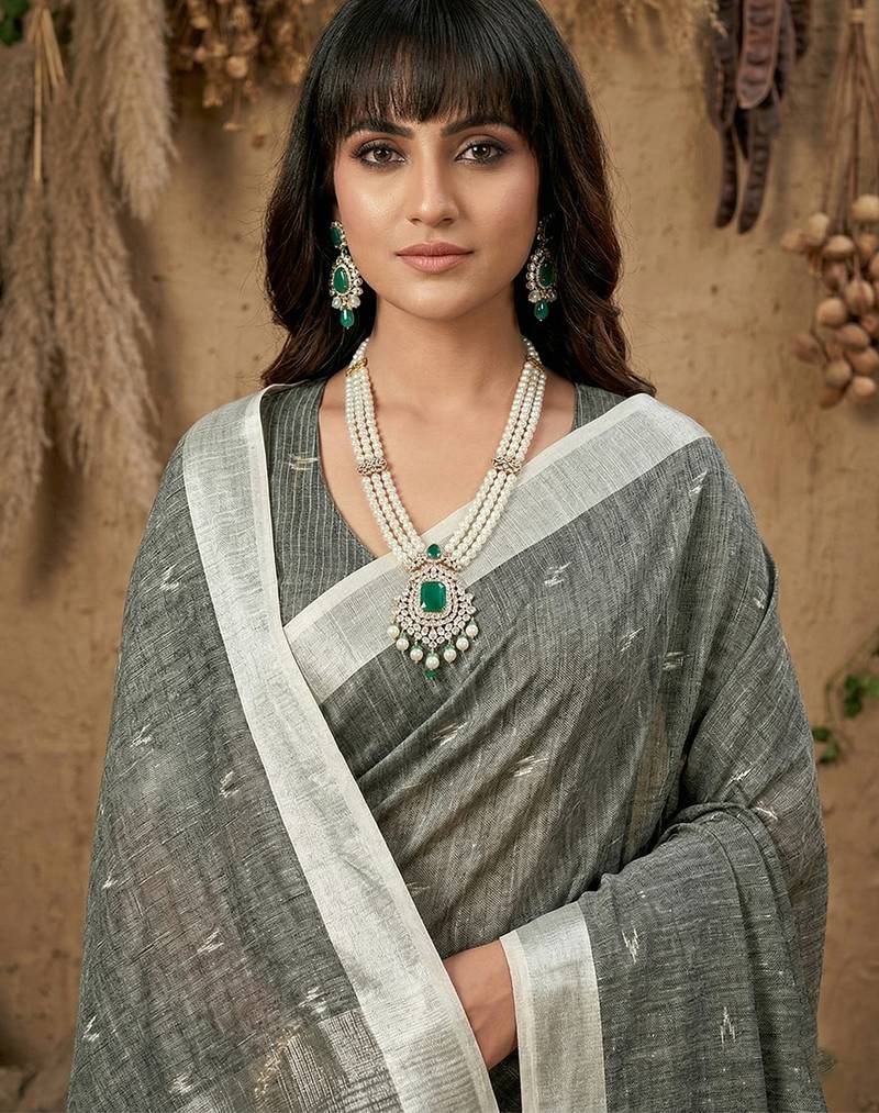 Grey colour linen cotton saree with matching blouse piece