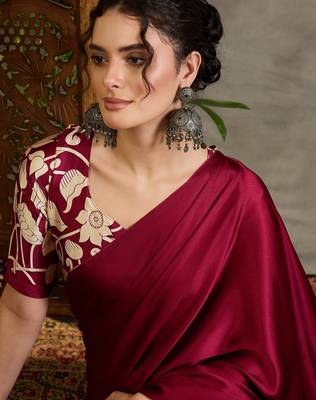 Maroon color ready pleated semi modal saree with unstitched designer blouse 3