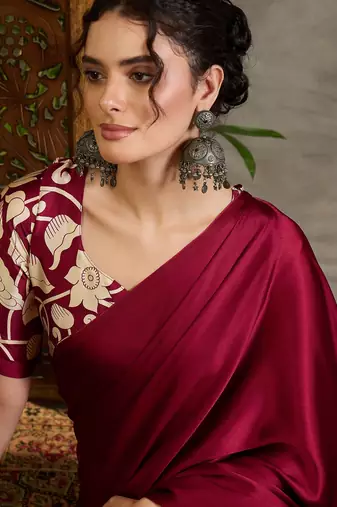 Maroon color ready pleated semi modal saree with unstitched designer blouse