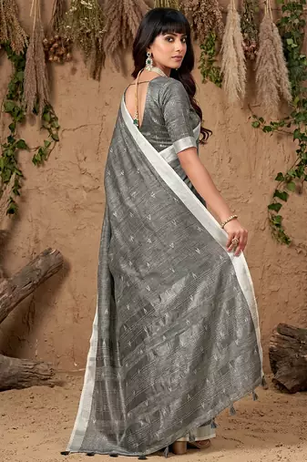 Grey colour linen cotton saree with matching blouse piece