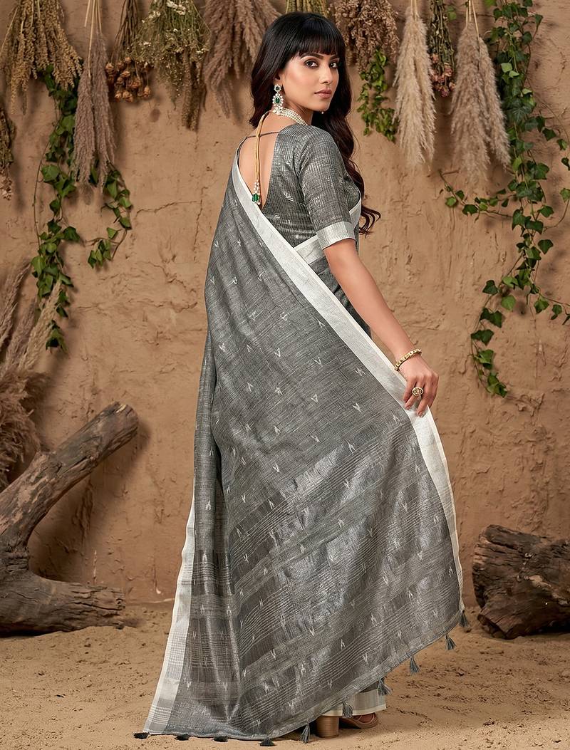 Grey colour linen cotton saree with matching blouse piece