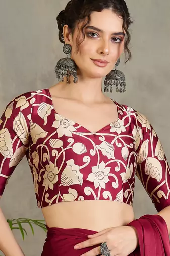 Maroon color ready pleated semi modal saree with unstitched designer blouse