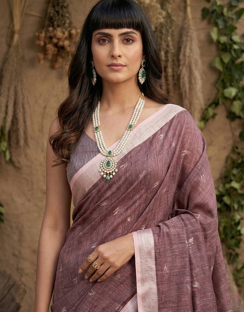 Purple colour linen cotton saree with matching blouse piece