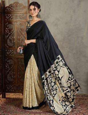 Black color ready pleated semi modal saree with unstitched designer blouse 1