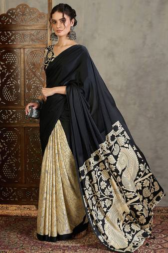 Black color ready pleated semi modal saree with unstitched designer blouse