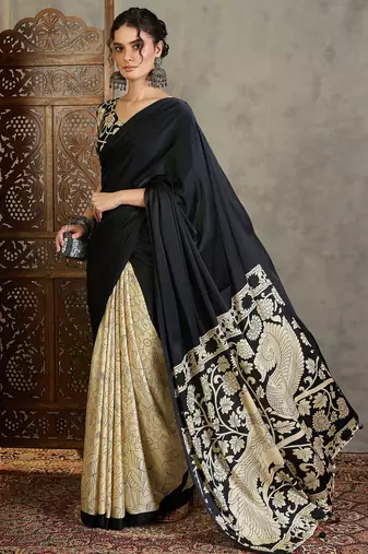 Black color ready pleated semi modal saree with unstitched designer blouse