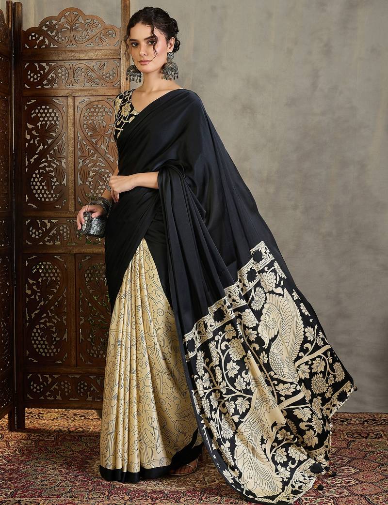 Black color ready pleated semi modal saree with unstitched designer blouse
