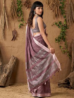 Purple colour linen cotton saree with matching blouse piece 3