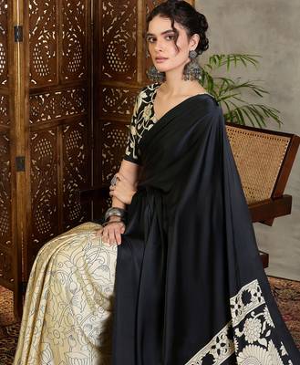 Black color ready pleated semi modal saree with unstitched designer blouse 2